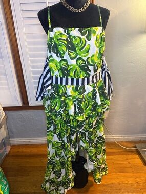L'ATISTE Green Leaf Print High-Low Dress with Black & White Stripe Accents